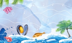 矢量卡通海底章鱼玩球卡通海洋椰树小鱼背景高清图片