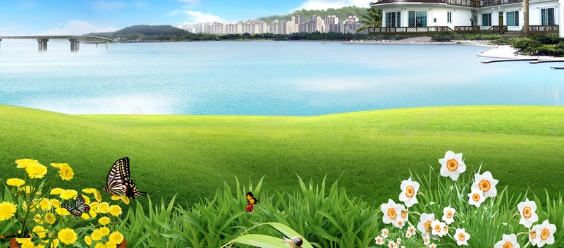 淘宝网站背景psd设计背景_新图网 https://ixintu.com 草地 别墅 房子 海景房 桥 野花蝴蝶 海报banner 卡通 童趣 手绘