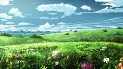 白云的风景卡通花草草地天空高清图片