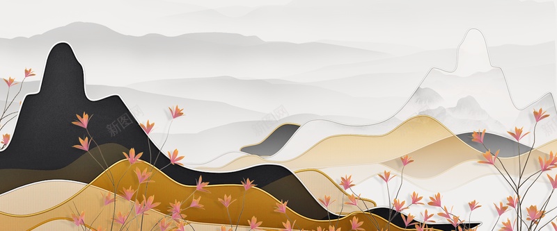 中式鎏金山水背景背景
