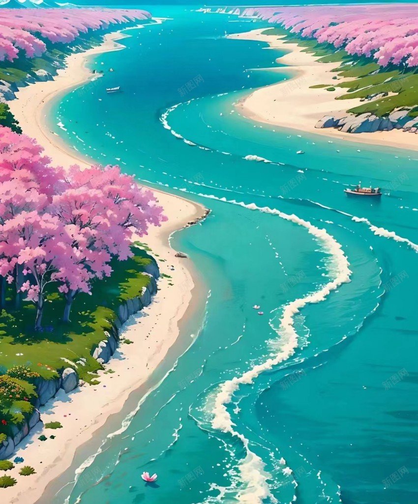 美妙的海边风景jpg设计背景_新图网 https://ixintu.com 清新 治愈 美妙 蓝天 白云 油画 手绘 花朵 海水 海浪 绿草