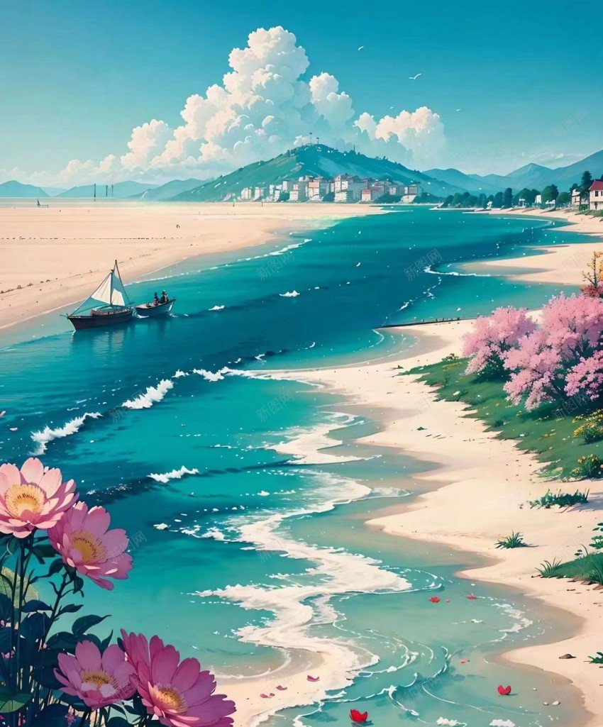 美妙的海边风景jpg设计背景_新图网 https://ixintu.com 清新 治愈 美妙 蓝天 白云 油画 手绘 花朵 海水 海浪 绿草