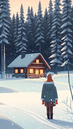 下雪冬天小木屋插画高清图片