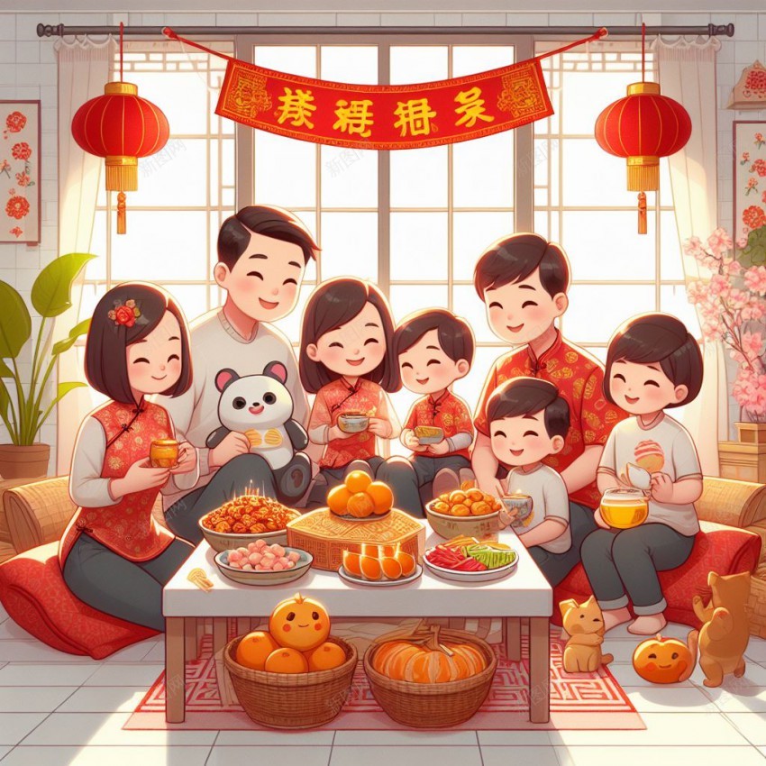 坐在一起谈笑的家人插画jpg设计背景_新图网 https://ixintu.com 聚会 相聚 过年插画