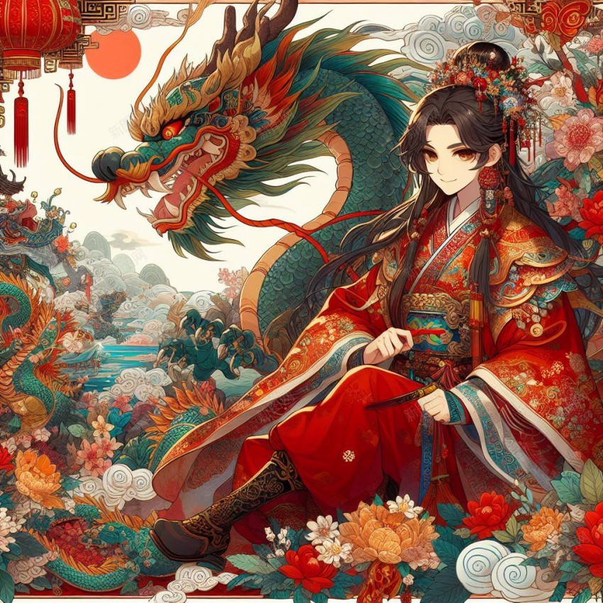 龙与男子插画jpg设计背景_新图网 https://ixintu.com 古老 红色插画 男子 龙