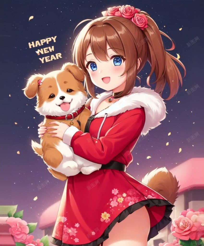 可爱红衣女孩与小狗开心花丛新年png_新图网 https://ixintu.com 与 原创海报 可爱 女孩 小狗 新年 新春 红色 花丛