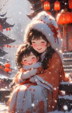 新春女人与小孩下雪天依偎在一起新年氛围图高清图片