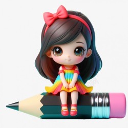 3D人物坐在铅笔上的女孩高清图片