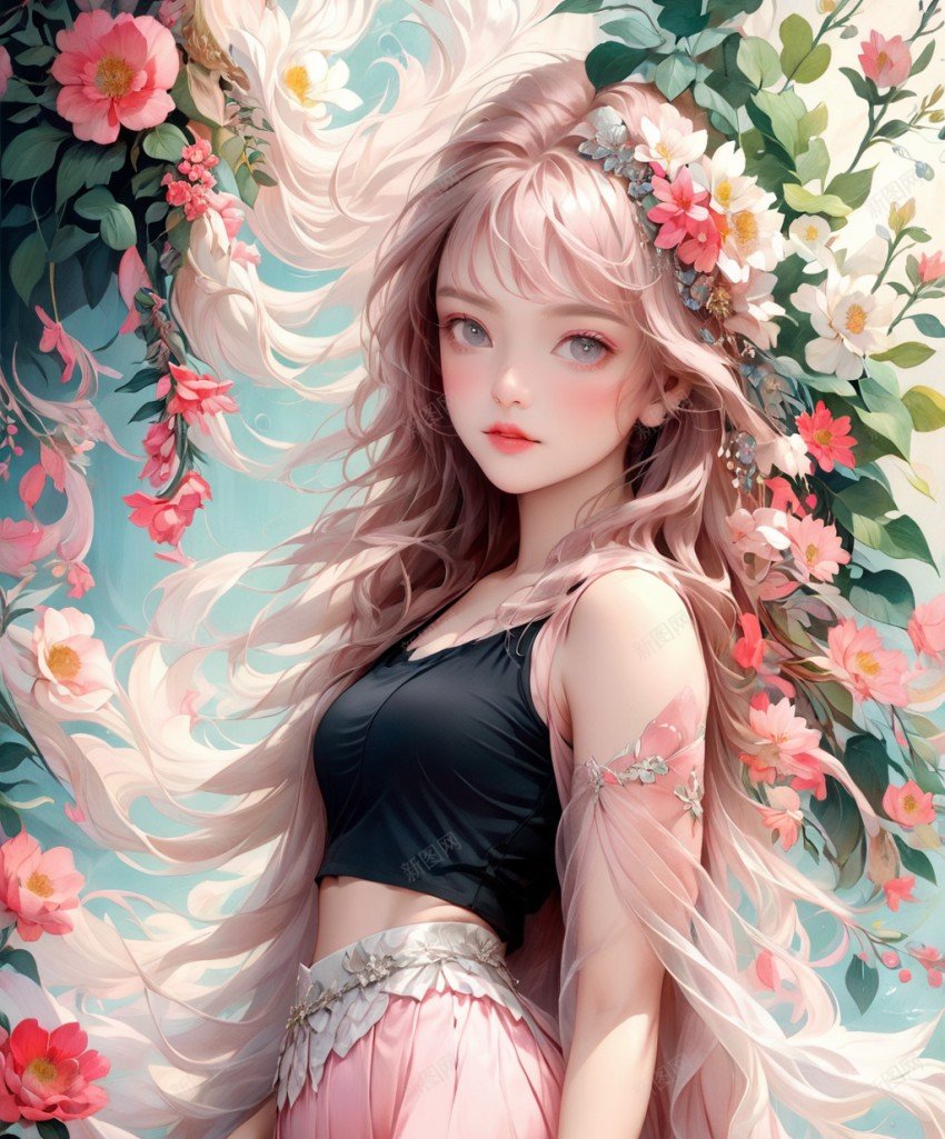 一个穿着裙子的美丽女孩png_新图网 https://ixintu.com AI 二次元 原创海报 海报 美丽女孩 花朵 鲜花