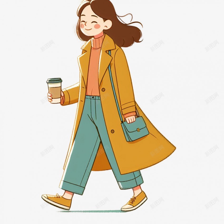 手拿咖啡行走的女孩插画png免抠素材_新图网 https://ixintu.com 手拿 咖啡 行走 女孩 插画