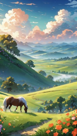 边框鲜花海报骏马在草原悠闲漫步高清图片