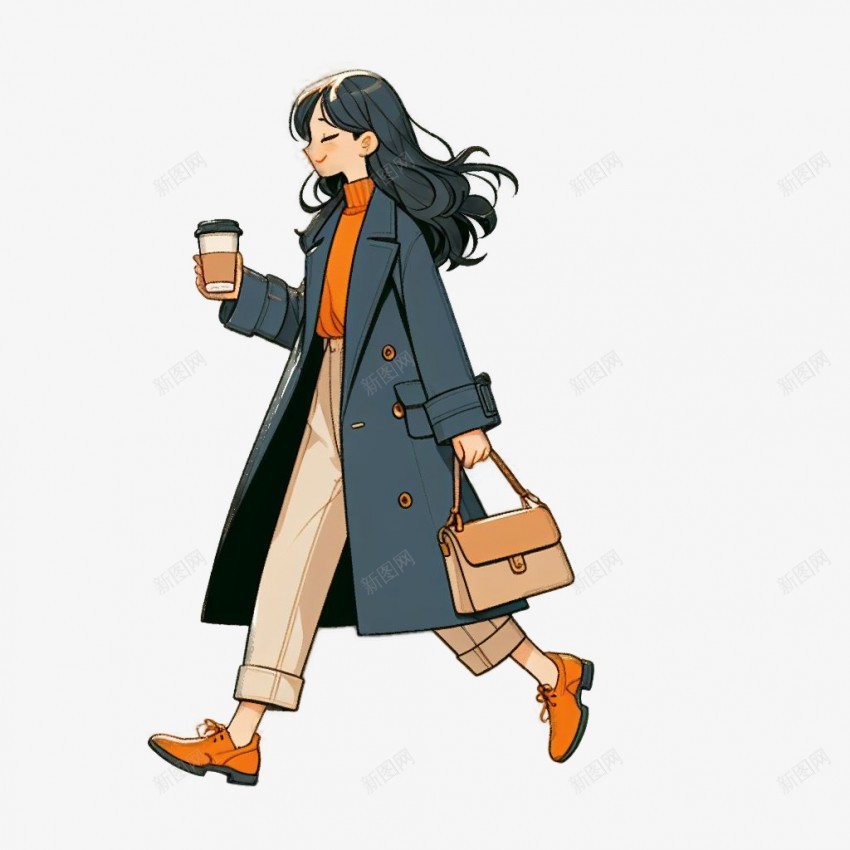 手拿咖啡行走的女孩插画png免抠素材_新图网 https://ixintu.com 手拿 咖啡 行走 女孩 插画