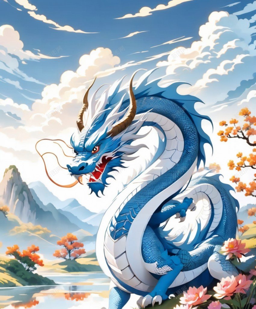 河边有一只威武的蓝龙png_新图网 https://ixintu.com 二次元 云层 原创海报 威武 河流 海报 蓝龙 鲜花