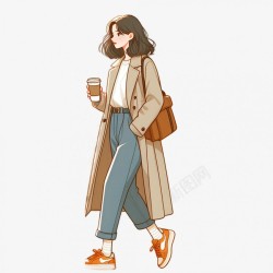 手拿咖啡行走的女孩插画7png素材