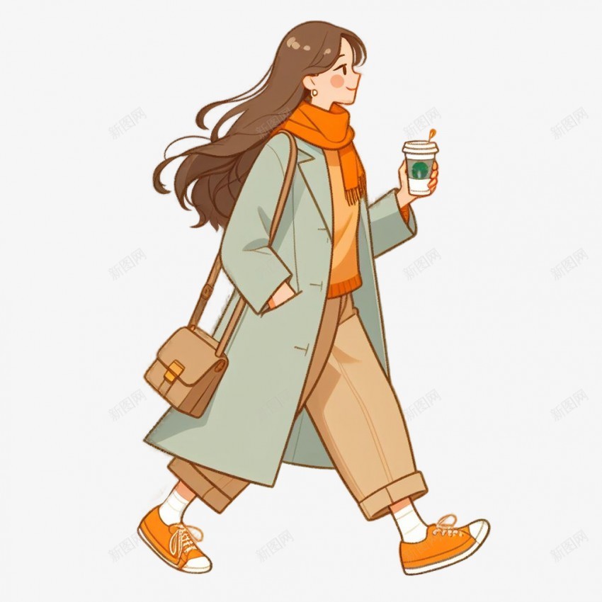 行走的女孩png免抠素材_新图网 https://ixintu.com 插画 咖啡 大衣 上班 行走 女孩