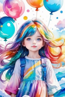 女孩与书本插画长发彩色气球女孩水彩风插画设计海报