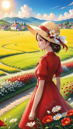 穿着红裙子的小姑娘站在花田里插图设计高清图片