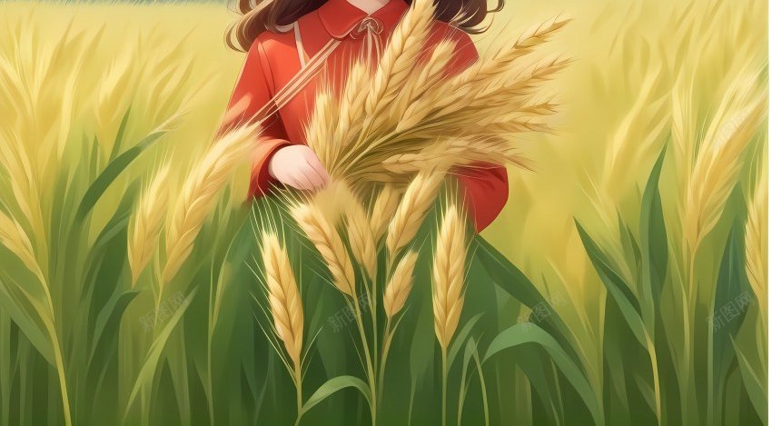 红衣姑娘抱着麦穗站在麦田里微笑插画设计png_新图网 https://ixintu.com 姑娘 红衣 麦穗 麦田 金色麦田