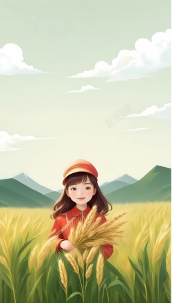 红衣姑娘抱着麦穗站在麦田里微笑插画设计海报