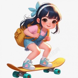 卡通滑滑板的卡通女孩高清图片