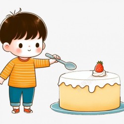 用勺子挖蛋糕的男孩素材