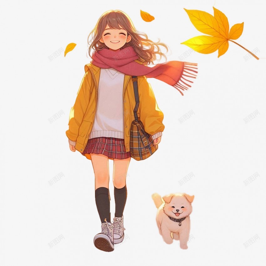 秋天元素行走的女孩png免抠素材_新图网 https://ixintu.com 秋天 元素 女孩 狗狗 枫叶 立秋