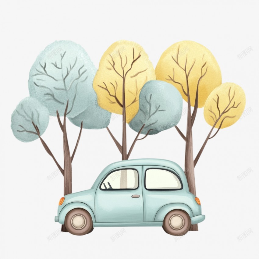 简约手绘行使的汽车png免抠素材_新图网 https://ixintu.com 简笔画 卡通 汽车 行驶 树木 树苗 简约 绘画