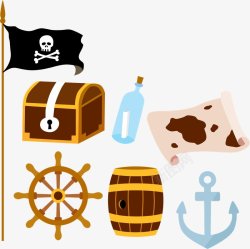藏宝箱旁的骷髅手绘海盗藏宝地图海盗旗海盗船藏宝箱图案高清图片
