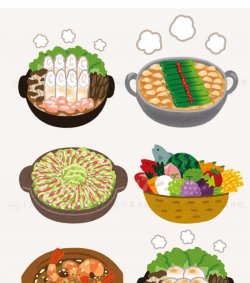 D67卡通手绘水彩食物火锅材料蔬菜鱼片香菇肉类素材