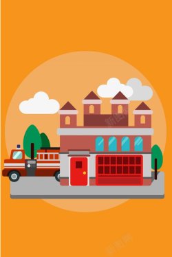 手绘板式卡通手绘橙色消防安全消防车海报背景图橙色板式高清图片