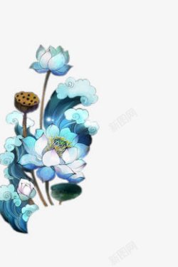 蓝色手绘花朵祥云植物素材