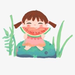 卡通手绘夏日吃西瓜的女孩图透明底PSD素材