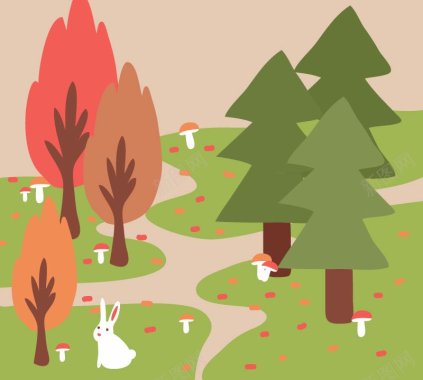 卡通森林矢量格式AI关键词兔子森林卡通蘑菇卡片背景