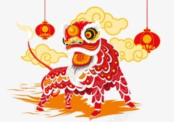 春节新春元旦节日灯笼炮竹剪纸红色拜年中国结灬小狮子素材