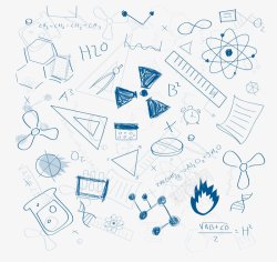 手绘蓝色学习用品和化学分子式插画素材