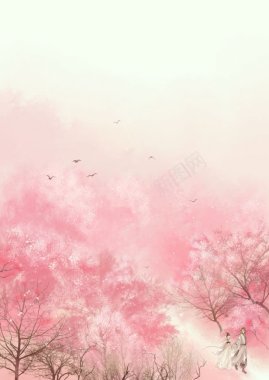 粉色花海飞鸟海报中国风背景
