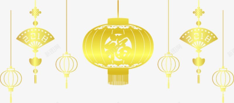 东方传统新年金色新年氛围复古传统中国风日式png免抠素材_新图网 https://ixintu.com 各式灯笼