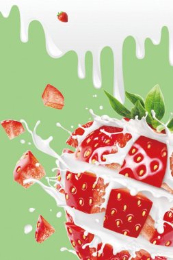 草莓酸奶水果饮料冰凉夏日海报产品场景构图背景