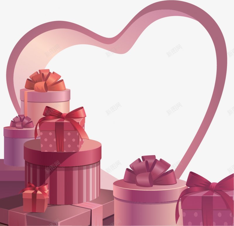 01316紫色的立体心形图案和许多粉紫色的礼盒礼盒png免抠素材_新图网 https://ixintu.com 礼盒