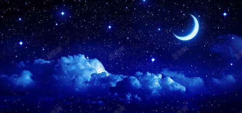 月亮弯月蓝色璀璨夜空星光云朵底纹底纹边框海报ban背景