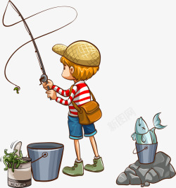 手绘钓鱼的小男孩素材