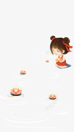 卡通中秋节月饼优惠券放荷花的小女孩高清图片