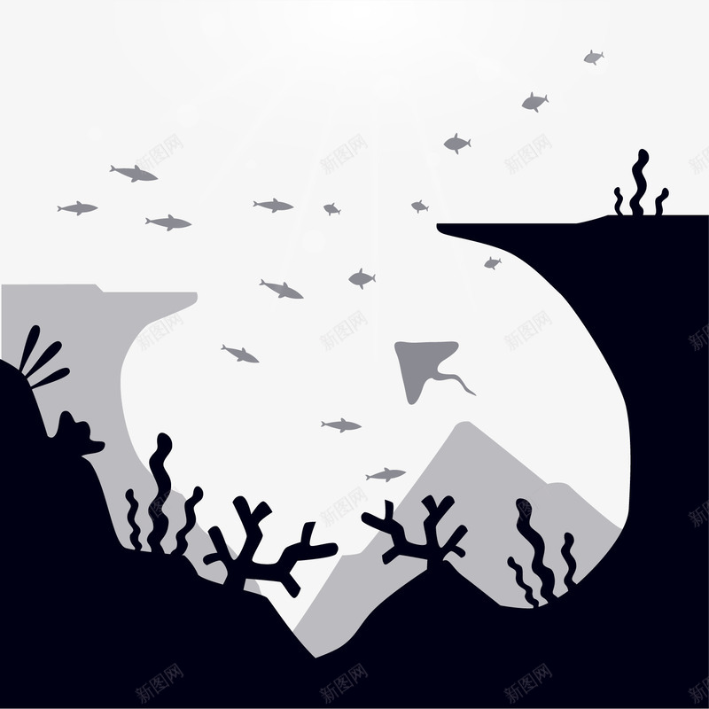 创意深海风景png免抠素材_新图网 https://ixintu.com 手绘 海底 深海风景 珊瑚 航洋生物 鱼 黑色