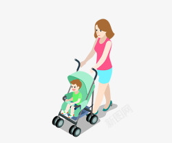 带孩子PNG卡通手绘推着婴儿车的女人高清图片