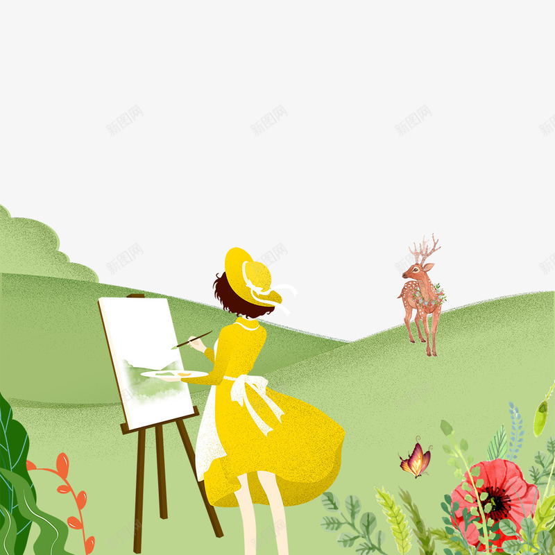 卡通手绘草地上绘画的女孩psd免抠素材_新图网 https://ixintu.com 卡通 手绘 画板 绘画的女孩 花朵 草地 草地上 麋鹿