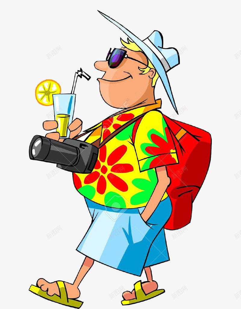 旅行的男人png免抠素材_新图网 https://ixintu.com 卡通男人 太阳眼镜 度假 手绘男人 旅游 旅行 柠檬汁 照相机 男人 相机 花衬衫 遮阳帽 饮料