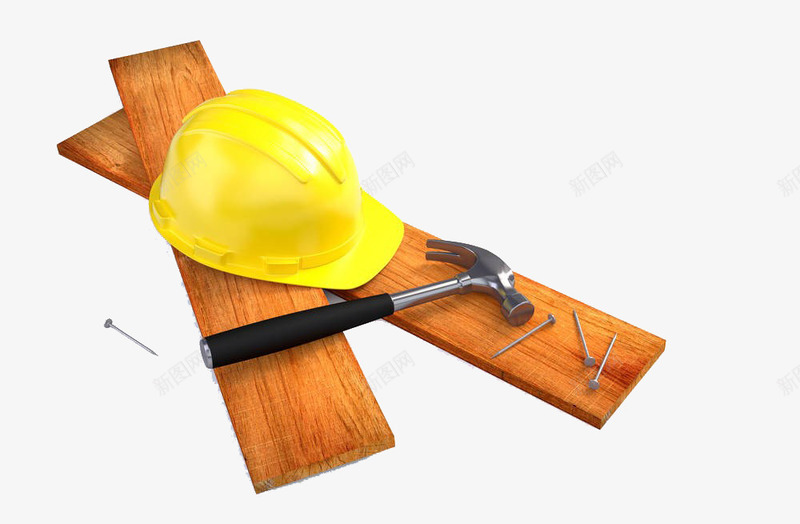 修葺工具png免抠素材_新图网 https://ixintu.com 修葺工具 安全帽 实物 建筑施工人员安全帽 木头 木板 钉子 锤子