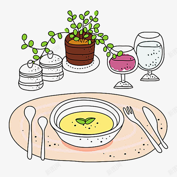 美味汤png免抠素材_新图网 https://ixintu.com 卡通汤 插画 植物 红酒 面包 食品 餐具 饮料