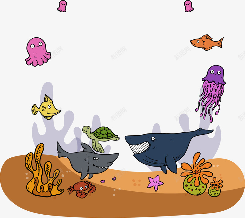 手绘海底世界png免抠素材_新图网 https://ixintu.com 卡通 手绘 海底世界 鲨鱼
