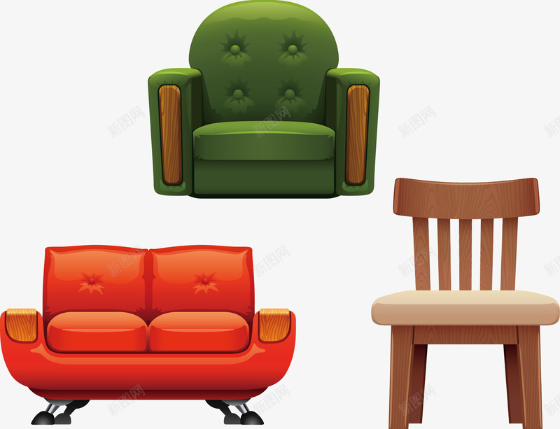 沙发和椅子png免抠素材_新图网 https://ixintu.com 家居 木材 红色 绿色 装修 装修材料
